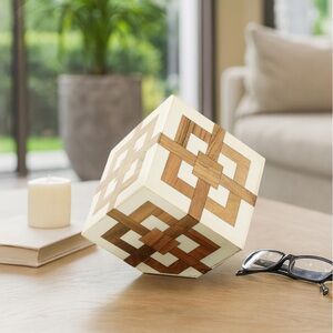 Geometric Accent Cube Grain Ivory 4" Wood Inlay Resin Cube Desk Coffee Table